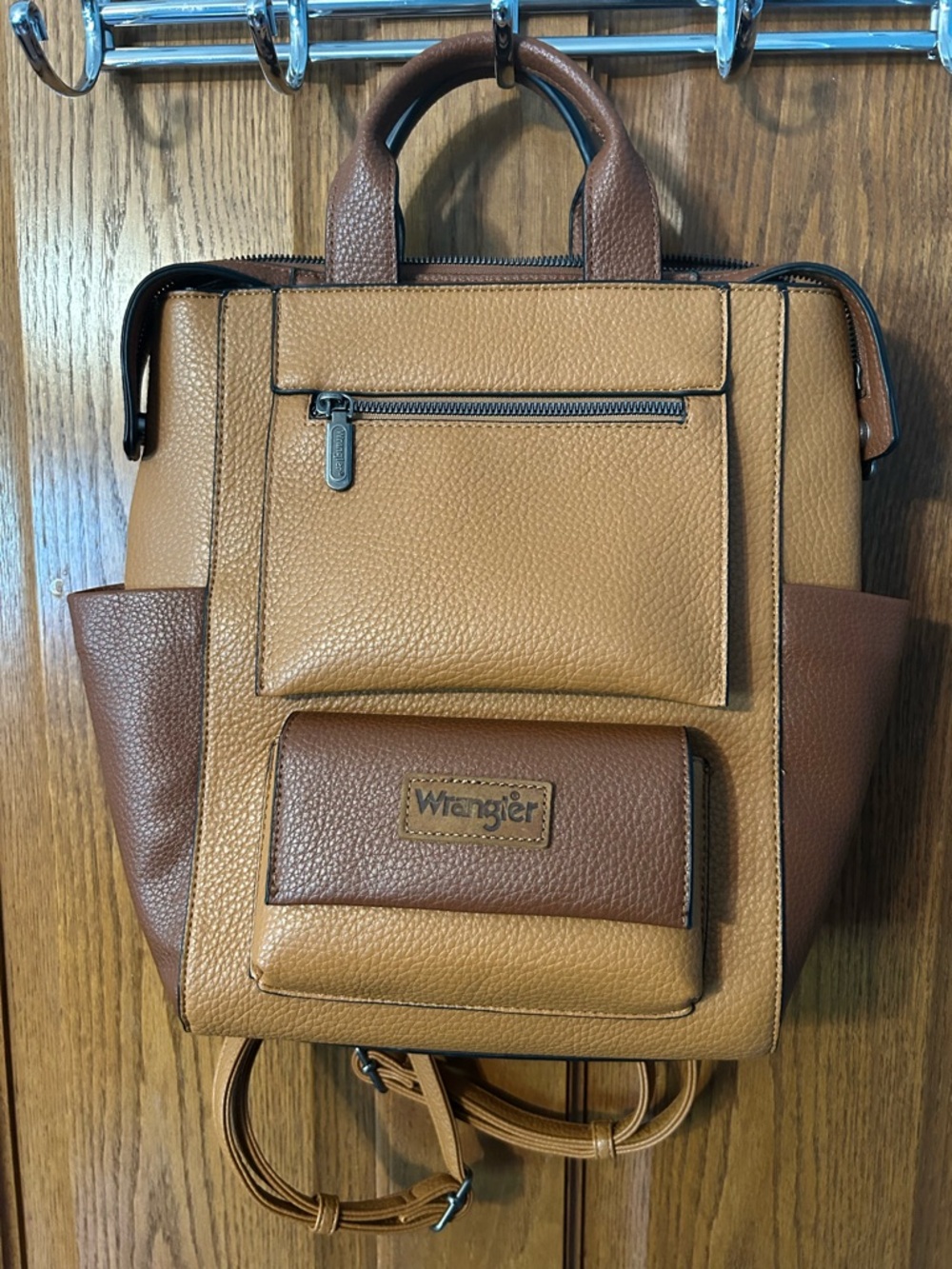 Wrangler Two-Tone Tan and Brown Leather Tote Backpack
